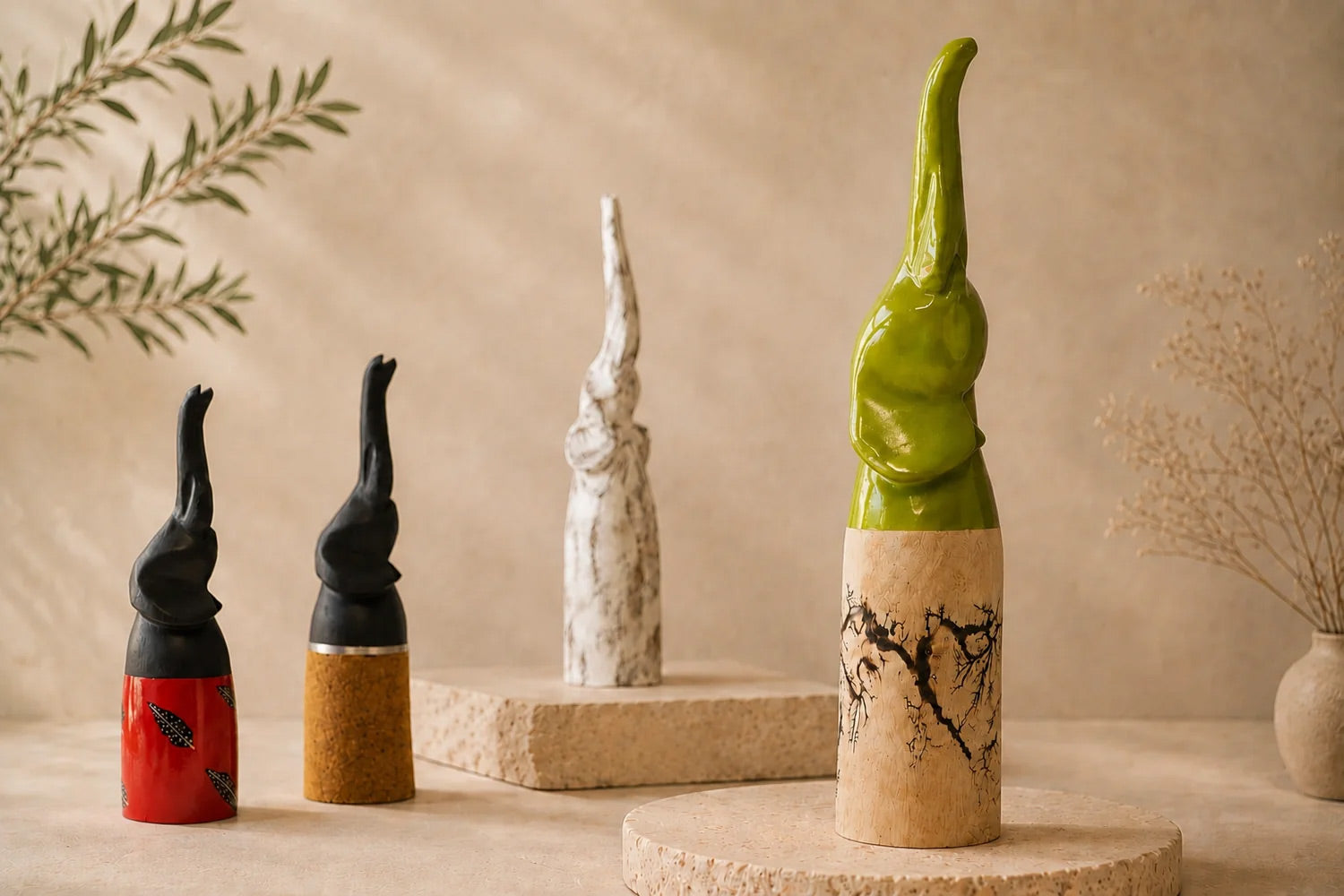 A collection of wholesale available hand carved wooden elephants