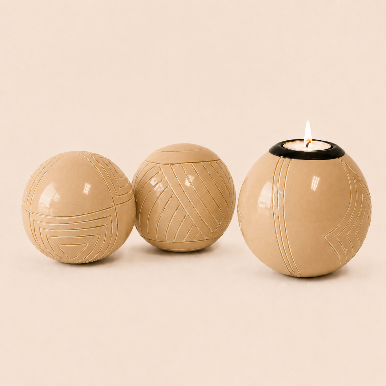 Carved and coloured Monkey Balls and Tlite in a natural colour and set on a beige background