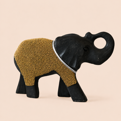 Wooden elephant toy with textured brown body and black legs on a beige background
