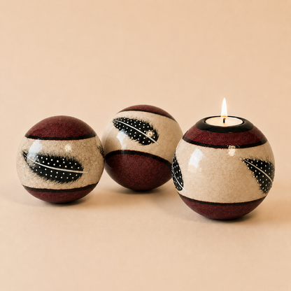 Coloured Feather Monkey Balls & Tlite in Burgundy on a beige background