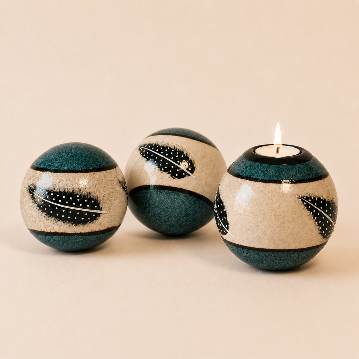 Coloured Feather Monkey Balls and Tlite in  Turquoise on a beige background