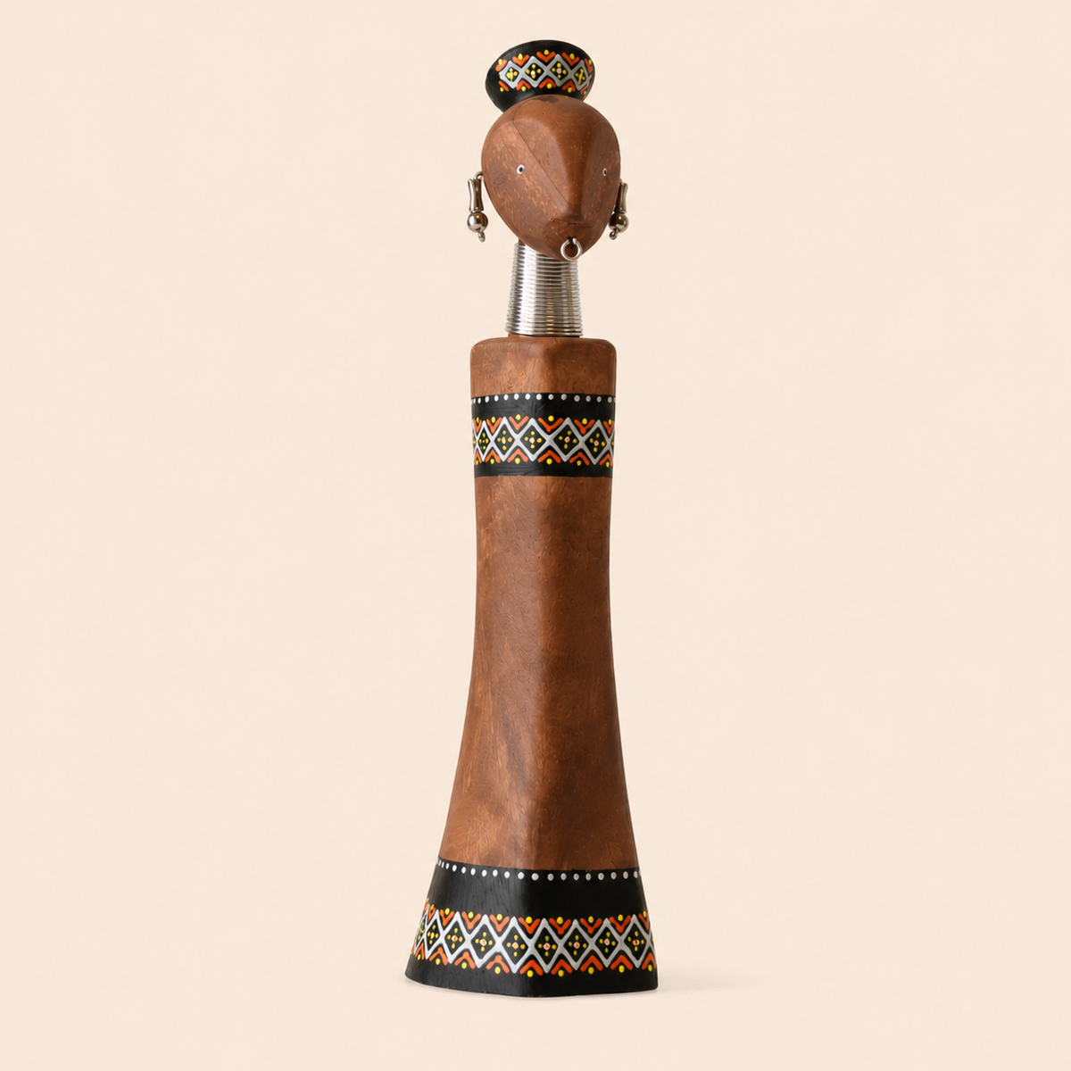 Hand painted Rainbow Doll Brown carved from wood on a beige background