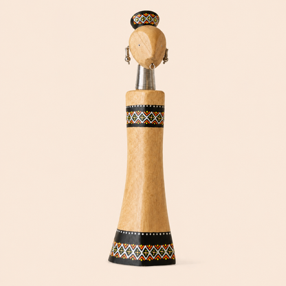 Hand painted Rainbow Doll Natural carved from wood on a beige background