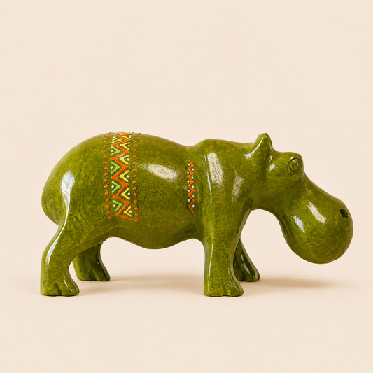 Green hippo figurine with decorative patterns on a beige background