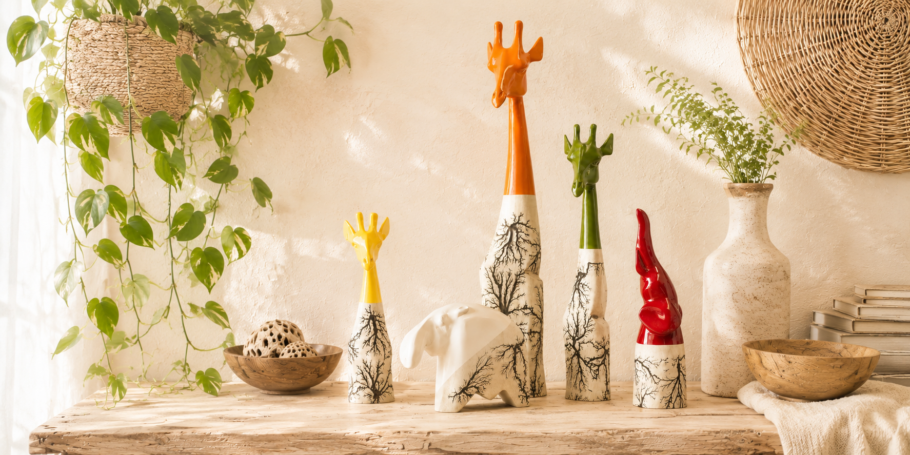 Decorative sculptures on a wooden surface with plants and a woven basket in the background.