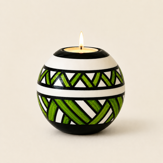 Monkey Ball T-lite with Lime Ndebele patterns on a biege background