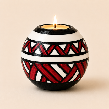 Monkey Ball T-lite with Red Ndebele patterns on a beige background