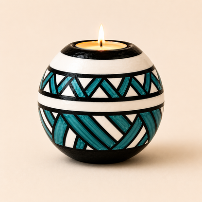 Monkey Ball T-lite with Turquoise Ndebele patterns on a beige background