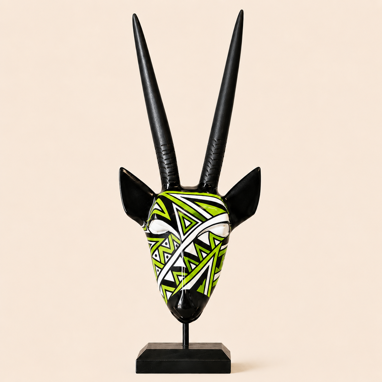Ndebele Mono Antelope Head with lime patterns on a beige background