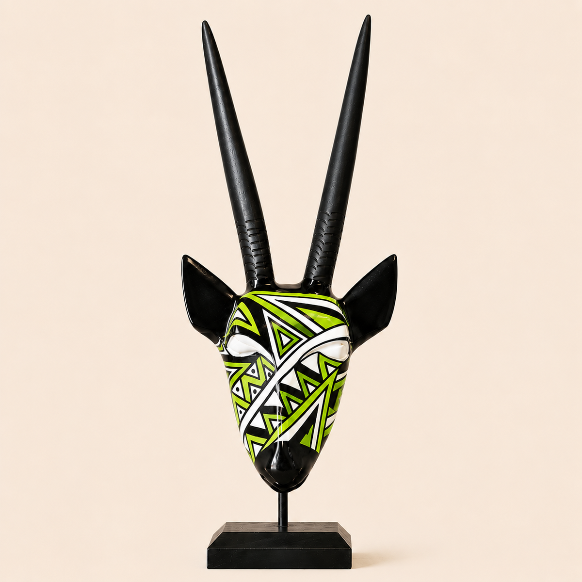 Ndebele Mono Antelope Head with lime patterns on a beige background