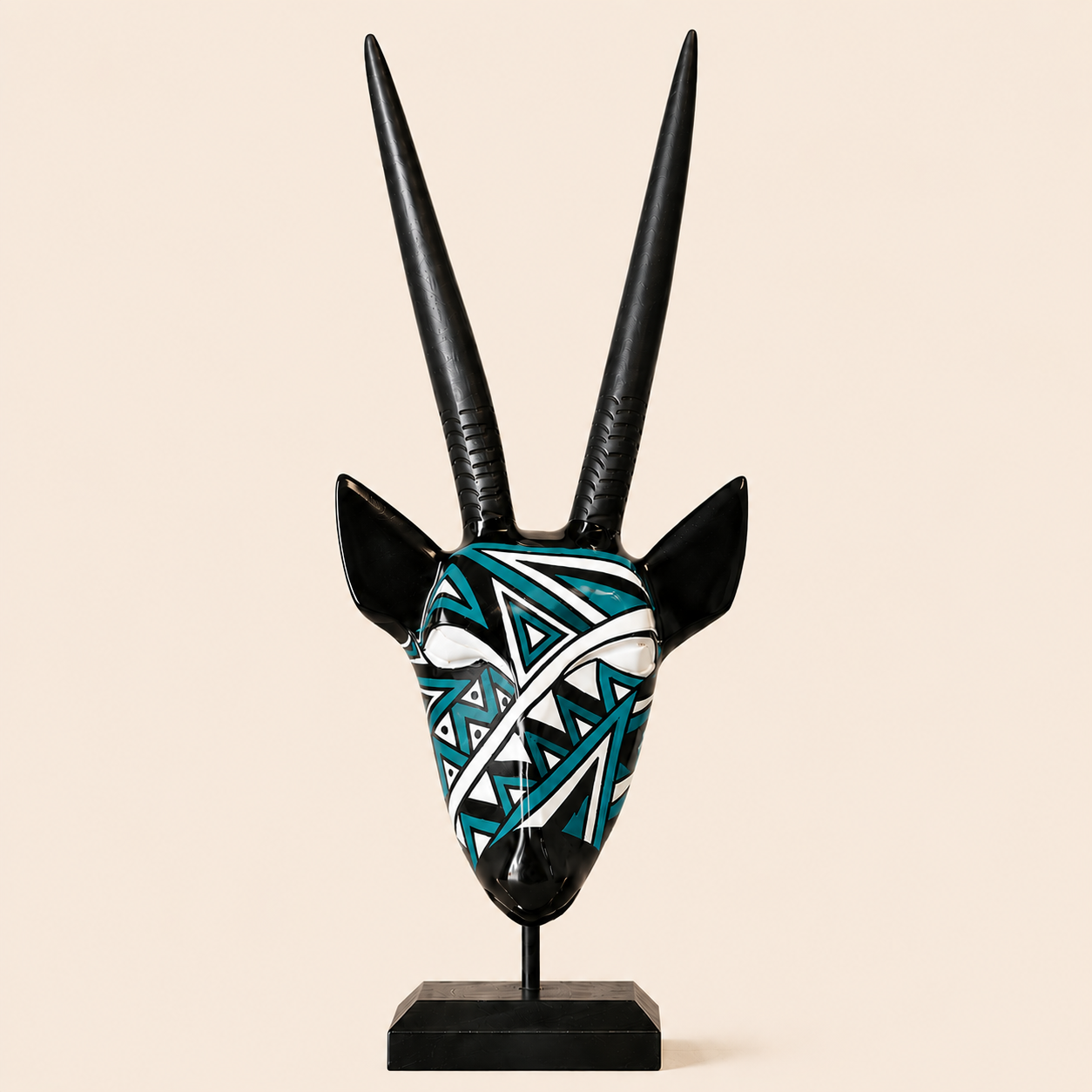Ndebele Mono Antelope Head with Turquoise colouring on a beige background