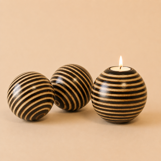 Two Striped Monkey Balls and a single Monkey Ball Tlite on a beige background
