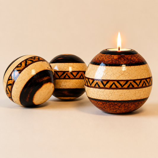 Round wooden monkey apples with burnt designs on the natural wood and rings of tribal designs on a beige background. These are offered as a round display or a T-lite option.
