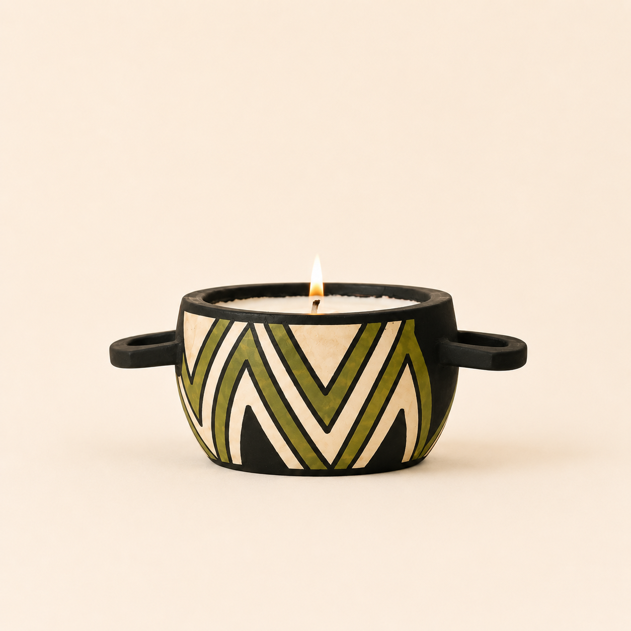 Wood carved pot filled with candle wax and designed with Lime Striped ethnic pattern.
