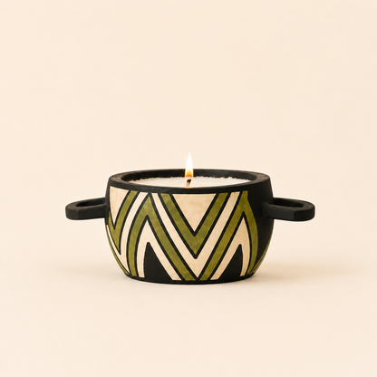 Wood carved pot filled with candle wax and designed with Lime Striped ethnic pattern.