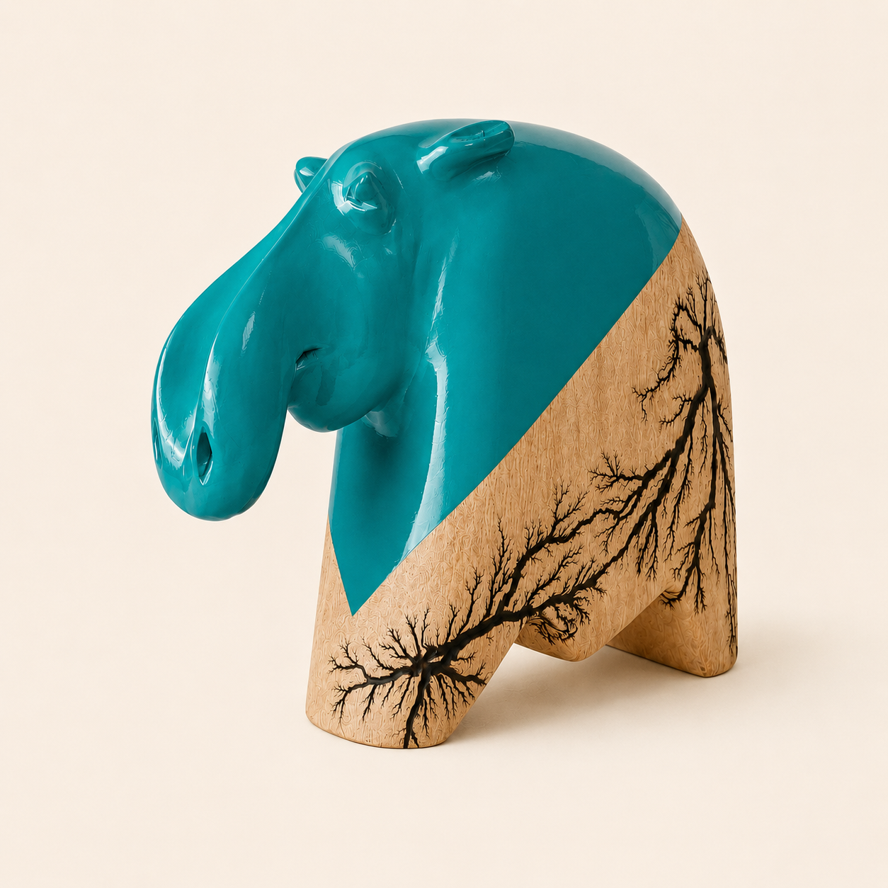 Wooden carved hippo in a contemporary style with a turquoise head and lightening tree effect on the natural wood body.
